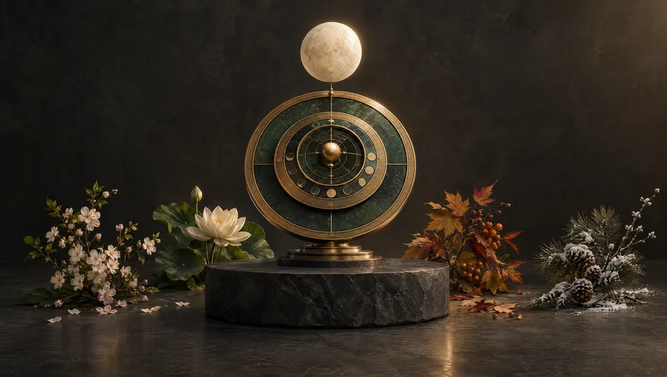Anéis concêntricos de ouro e jade com esfera lunar e plantas sazonais