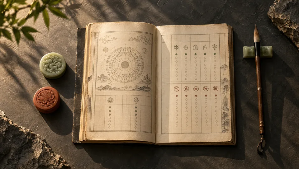 Páginas de almanaque com selos de jade e terracota sobre uma mesa escura